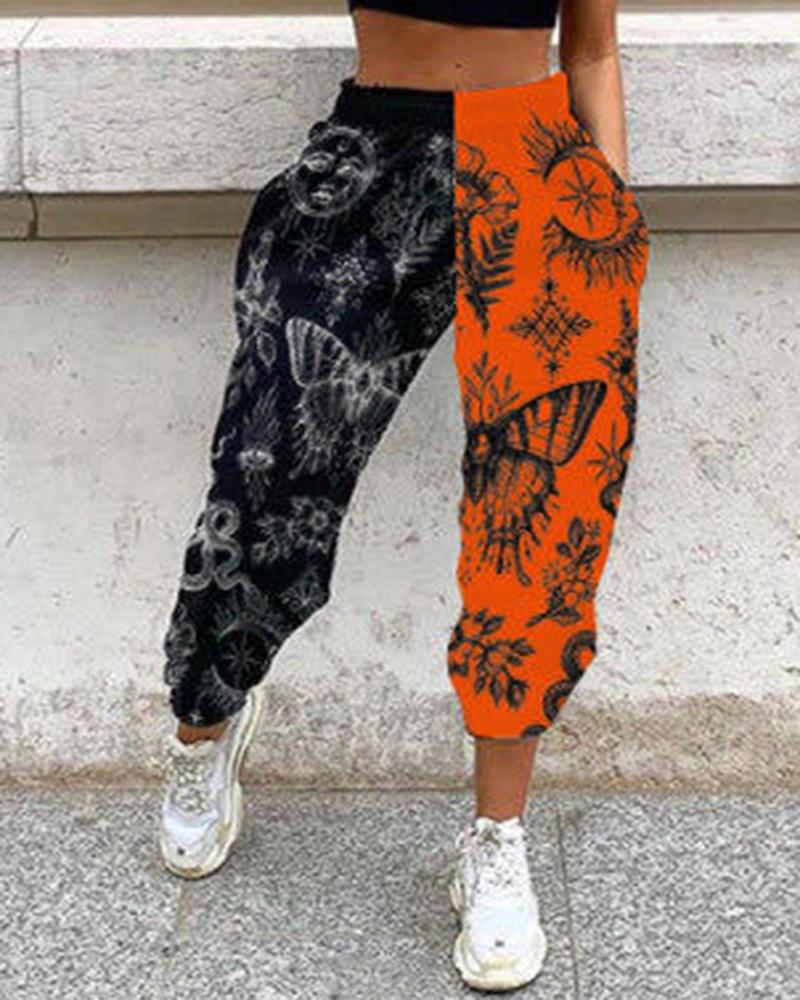 Colorblock & Graphic Print Slant Pocket Sports Pants For Women-Pinkami