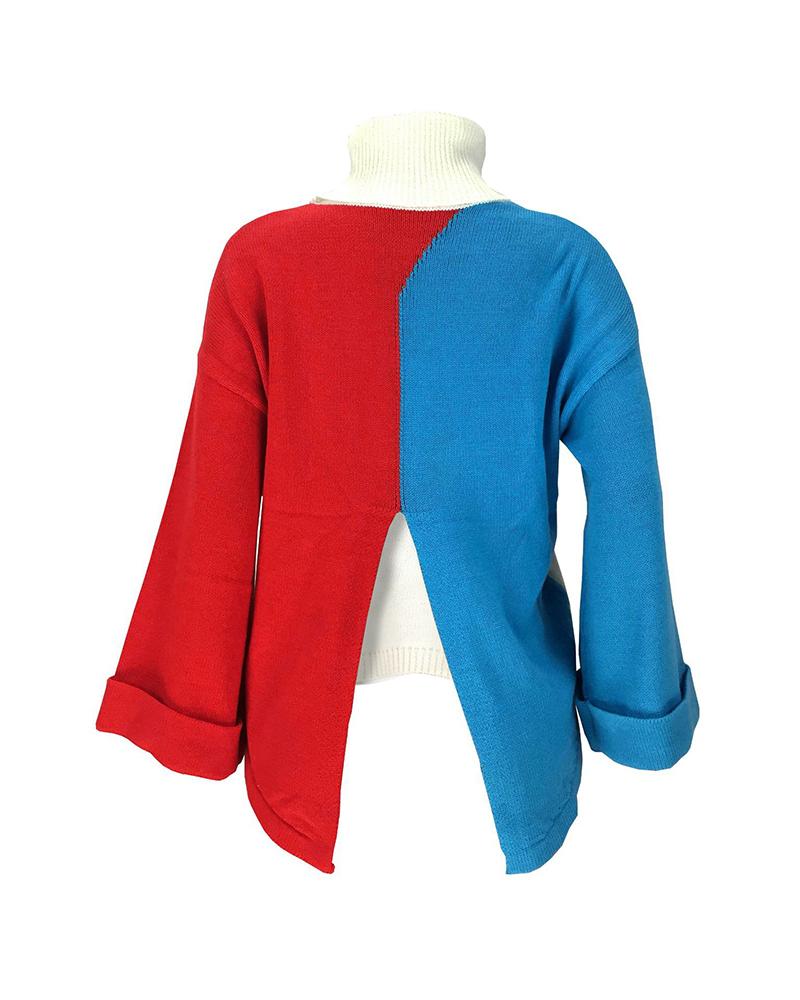 Colorblock Split Asymmetrical Hem High Neck Drop Shoulder Sweater-Pinkami