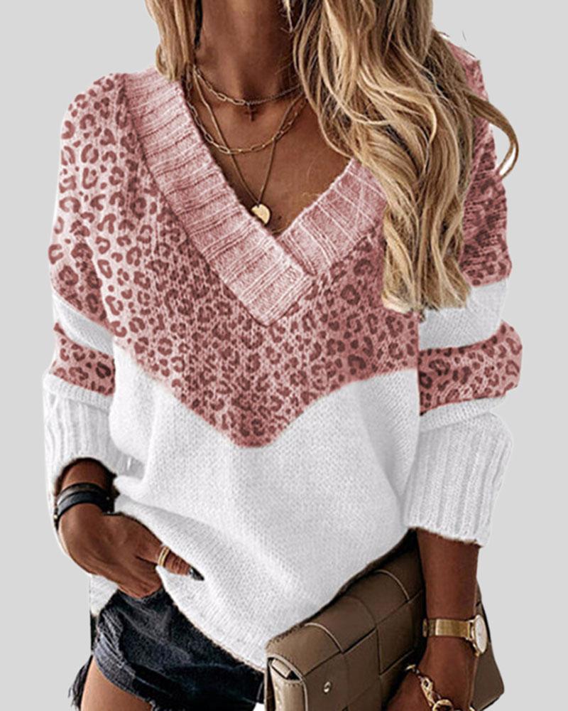 Colorblock Leopard Print Overlap Collar Sweater-Pinkami