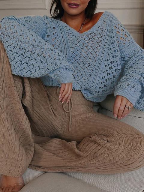 V-neck Hollow Out Loose Sweater-Pinkami