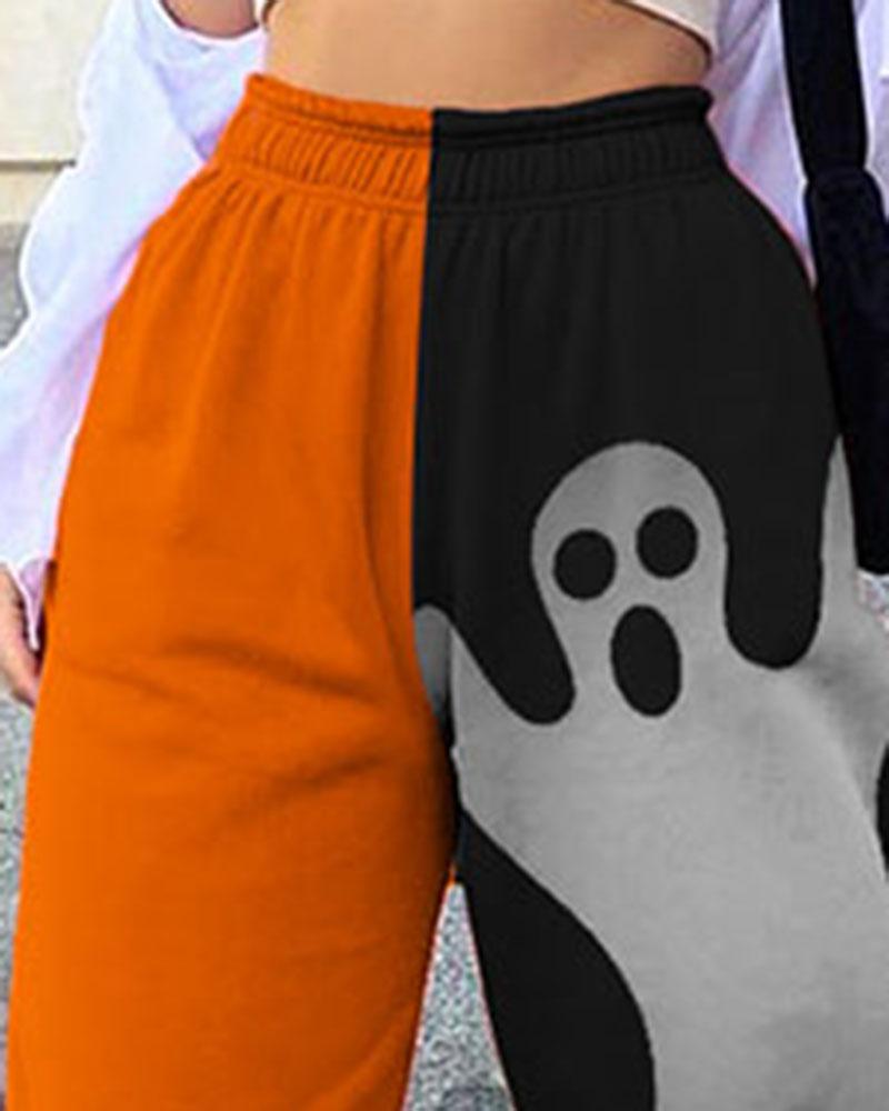 Colorblock & Halloween Graphic Print Pocket Side Sports Pants For Women-Pinkami
