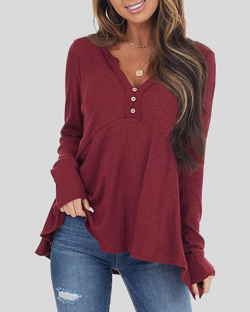 Button Front Rib-Knit V Neck Sweater