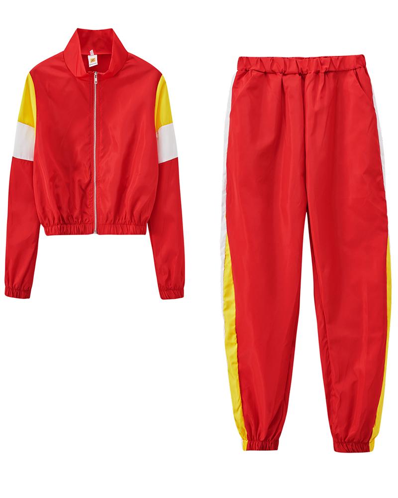 Colorblock Pocket Detail Zip Front Top & Pants Set-Pinkami