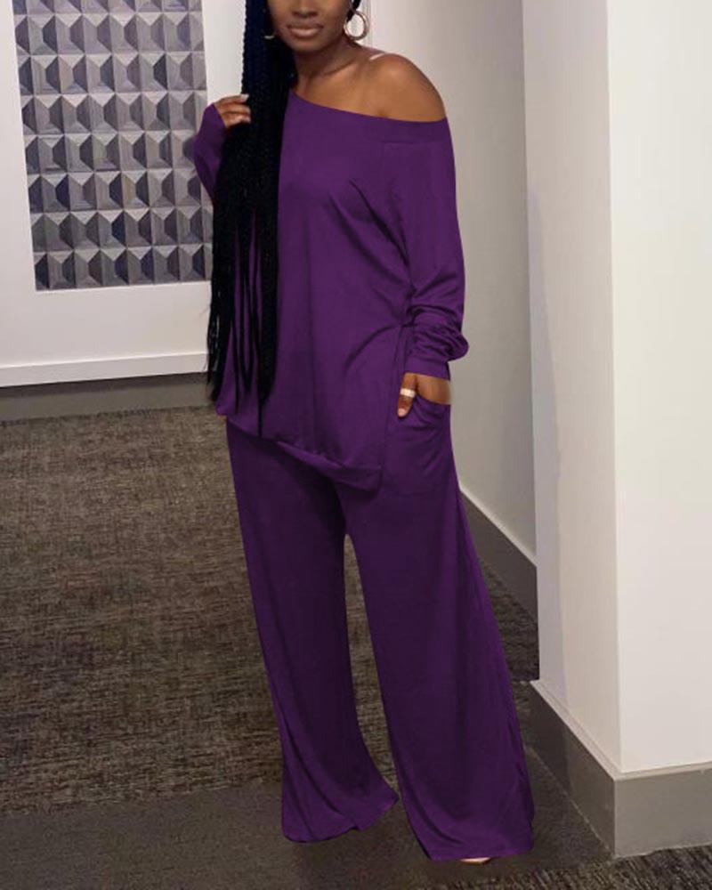 Solid Split Hem Boat Neck Top & Pants Set-Pinkami