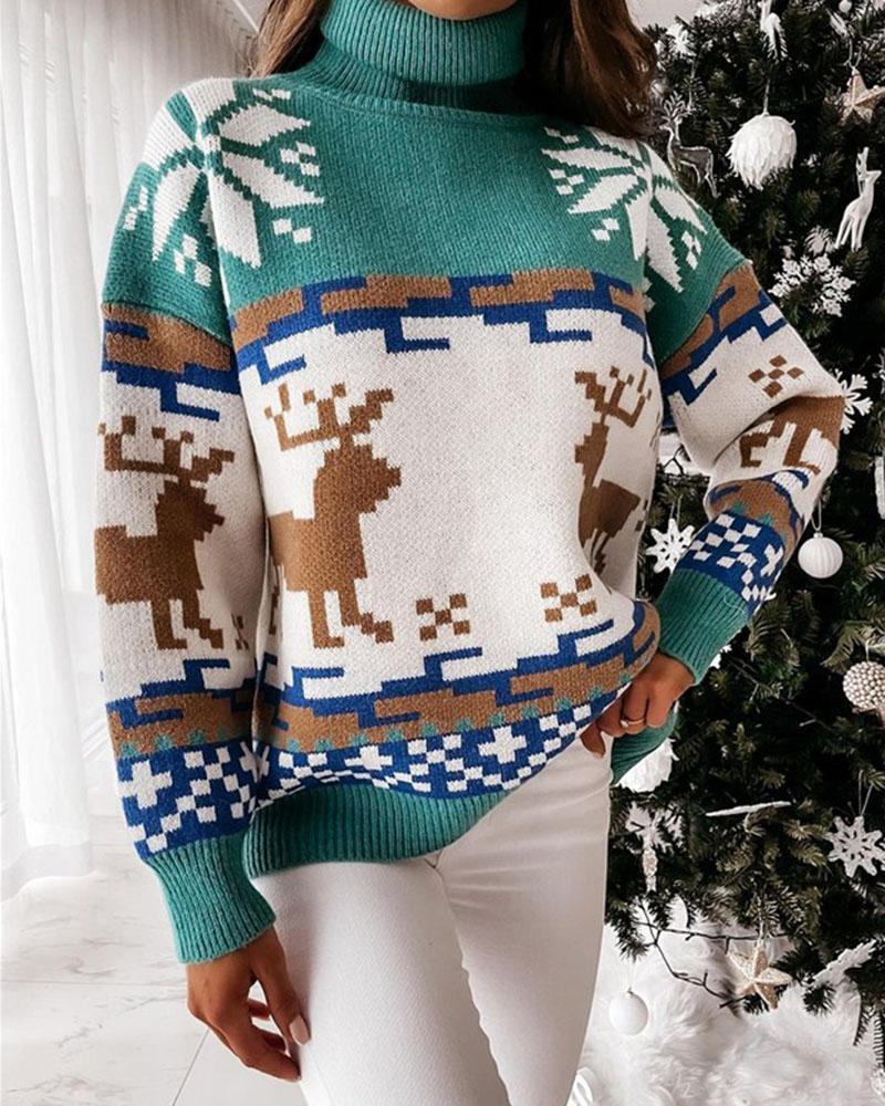 Colorblock Christmas Print Turtleneck Sweater-Pinkami