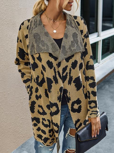 Leopard Long Sleeve Lapel Sweaters Coat-Pinkami