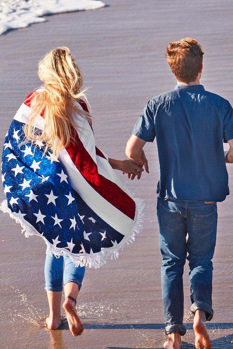 Flag Print Tassel Trim Fluffy Beach Towel