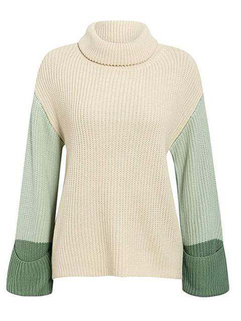 Color Block Loose Funnel Neck Sweater-Pinkami