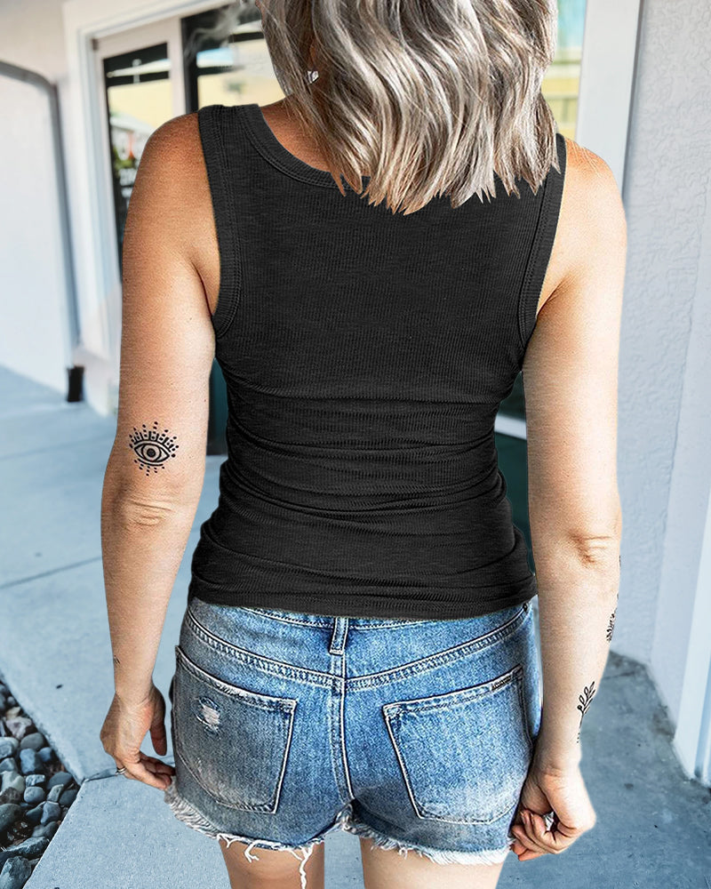 Half Button Placket Ribbed Tank Top-Pinkami