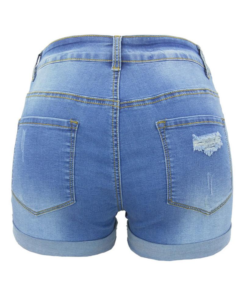 Women Ripped Roll Up Hem Mid Waist Denim Shorts-Pinkami