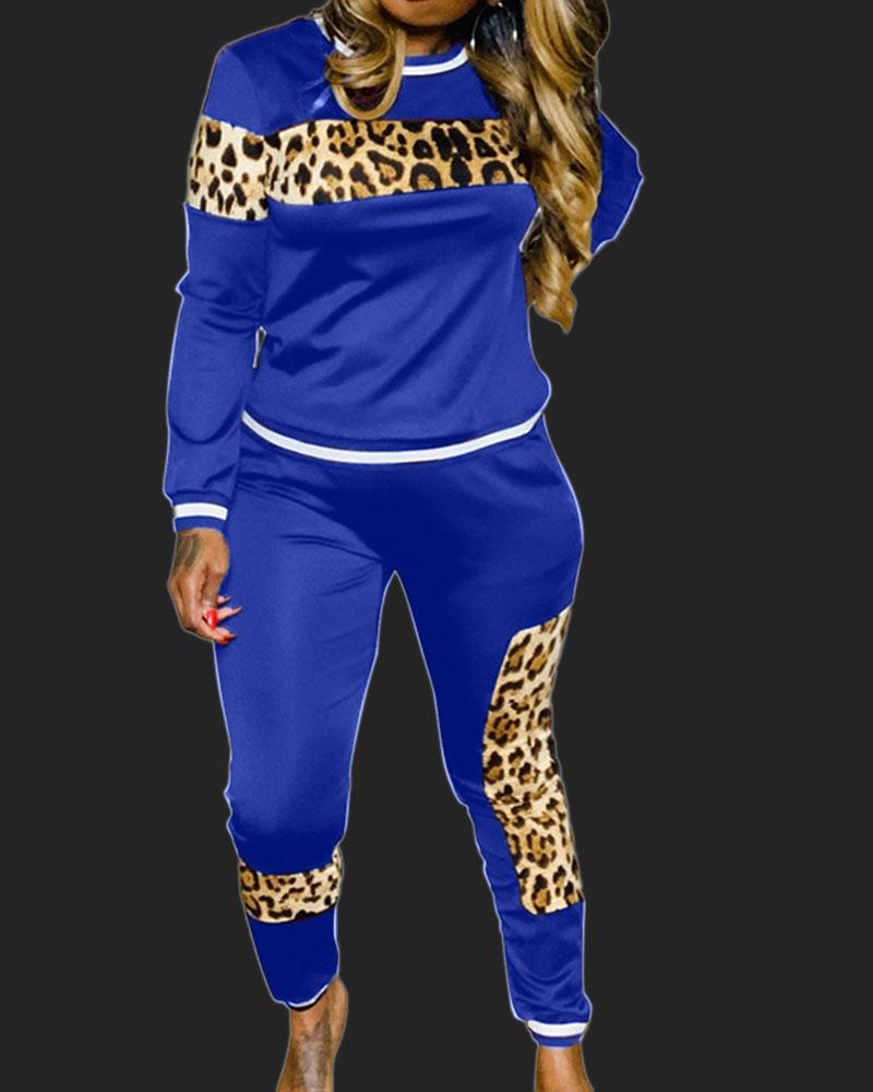 Striped Leopard Print Top & Pants Set-Pinkami