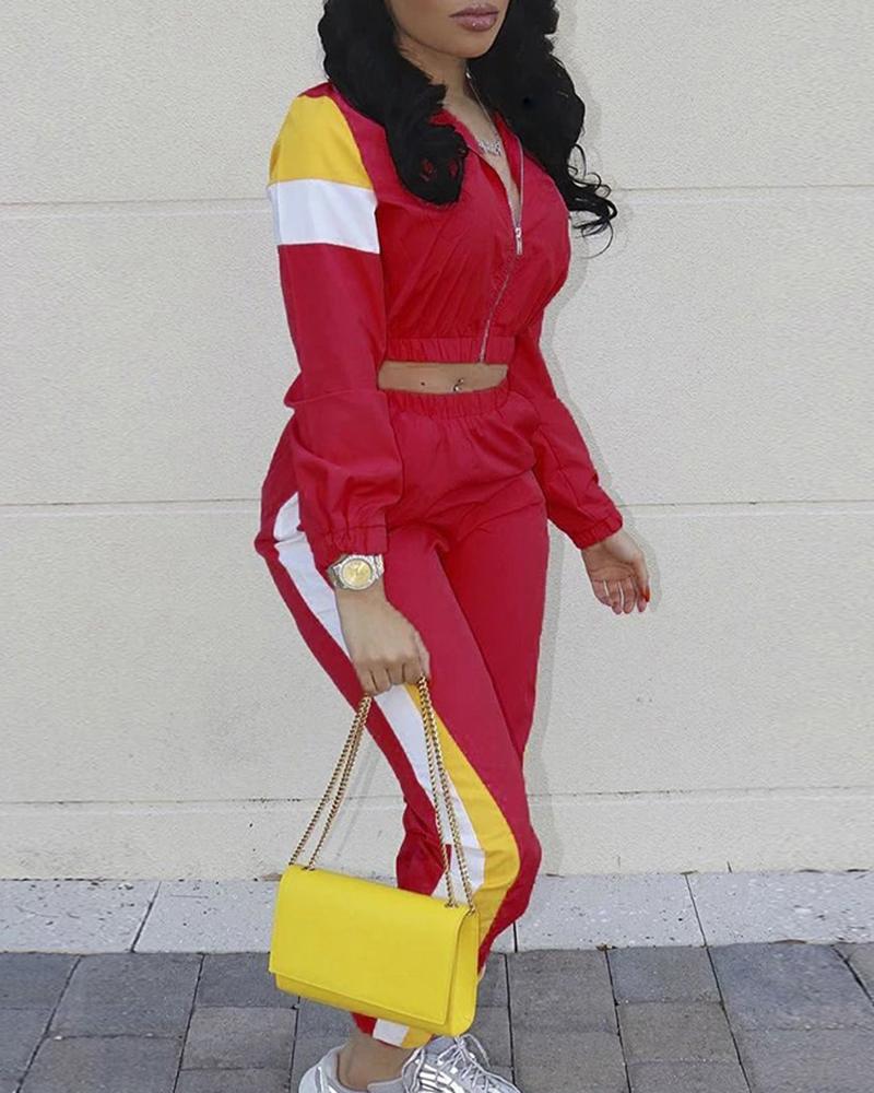 Colorblock Pocket Detail Zip Front Top & Pants Set-Pinkami