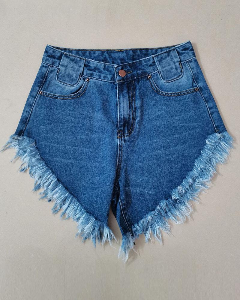 Women Solid Asymmetrical Raw Hem Zip Fly High Waist Demin Shorts-Pinkami