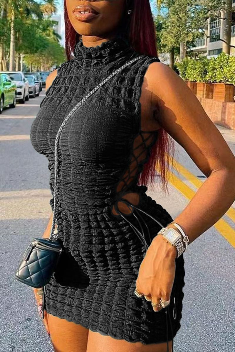 Smocked Lace Up Side Bodycon Dress