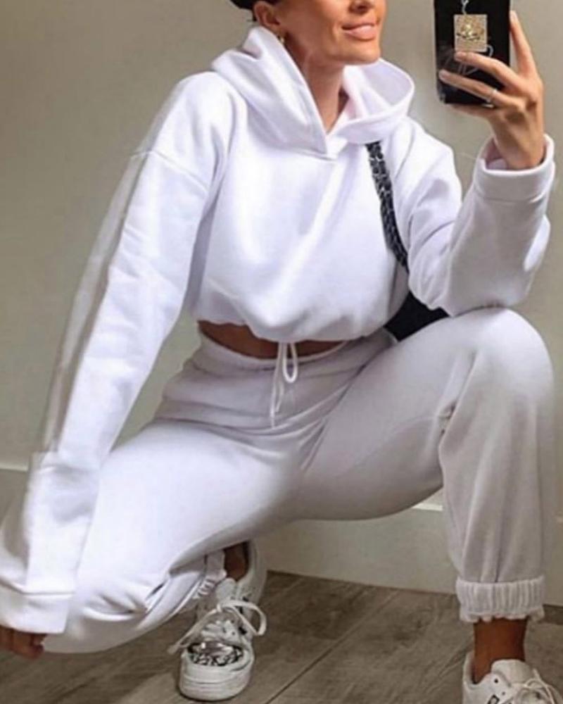 Solid Drawstring Elastic Hem Hooded Top & Pants Set-Pinkami