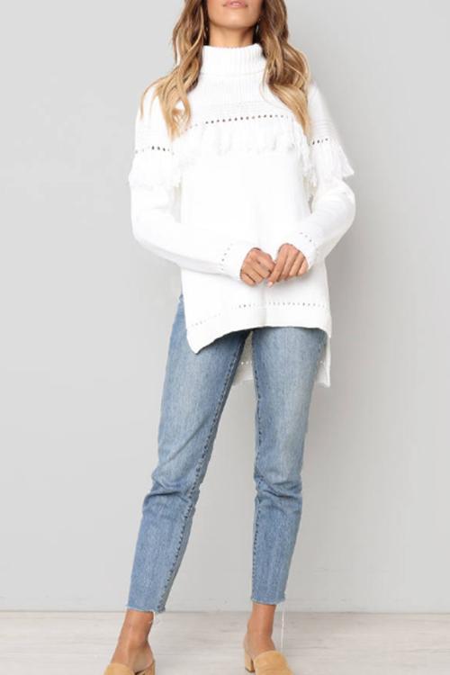 Lrregular Tassel Turtleneck Pullover-Pinkami