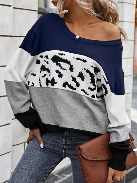 Color Block Leopard Patchwork Sweater-Pinkami