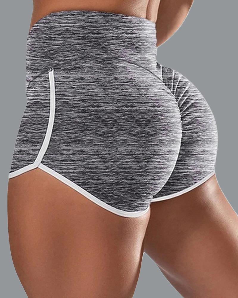 Space Dye Contrast Binding High Waist Ruched Shorts-Pinkami