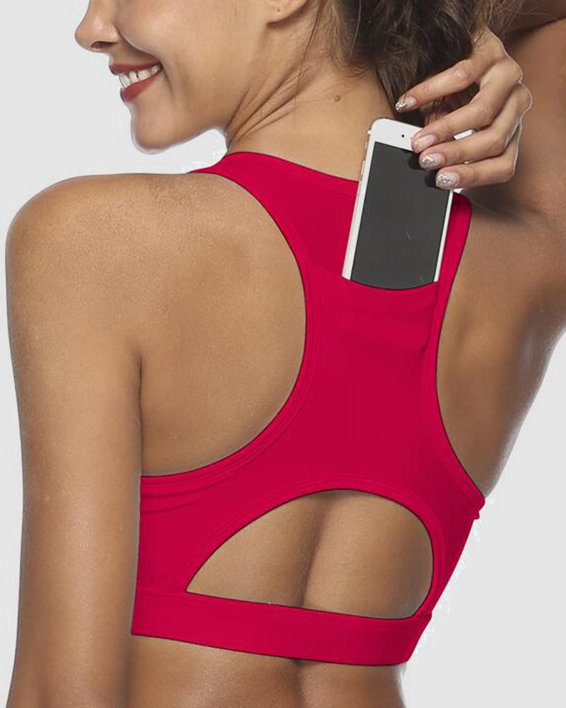 Pocket Decor Cutout Racerback Sports Bra-Pinkami