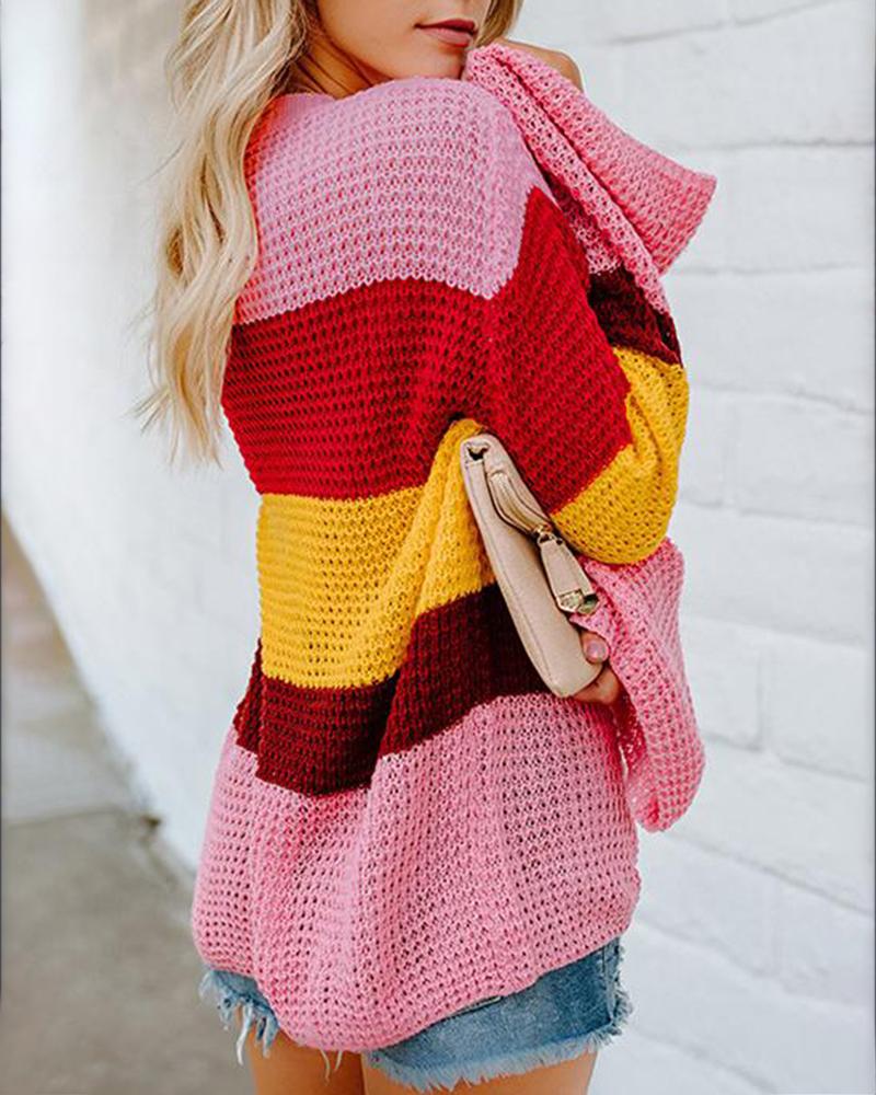 Pointelle Knit Rainbow Striped Sweater-Pinkami
