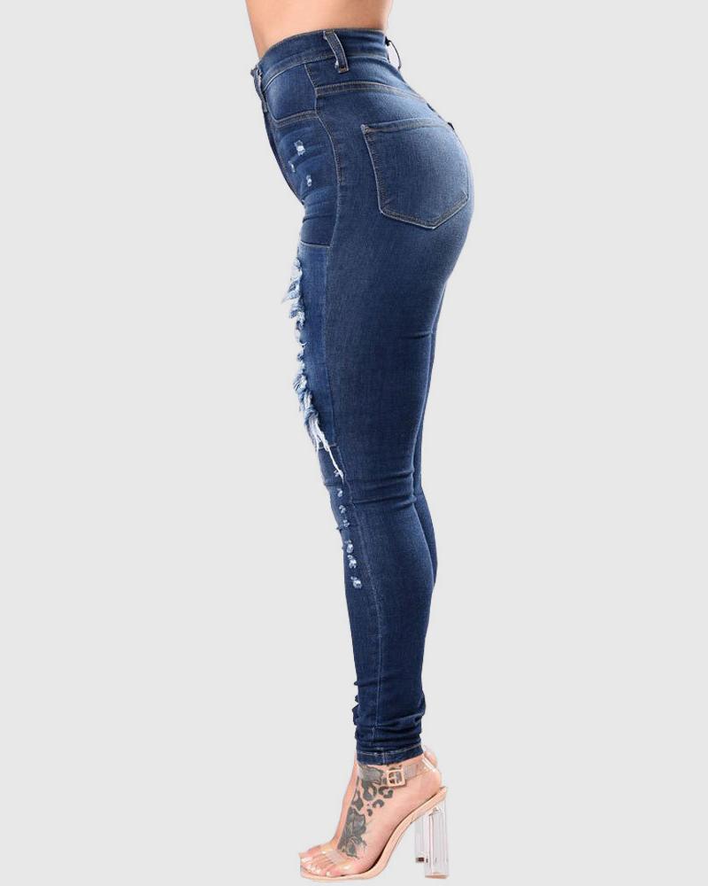 Women High Waist Ripped Hollow Out Skinny Jeans-Pinkami