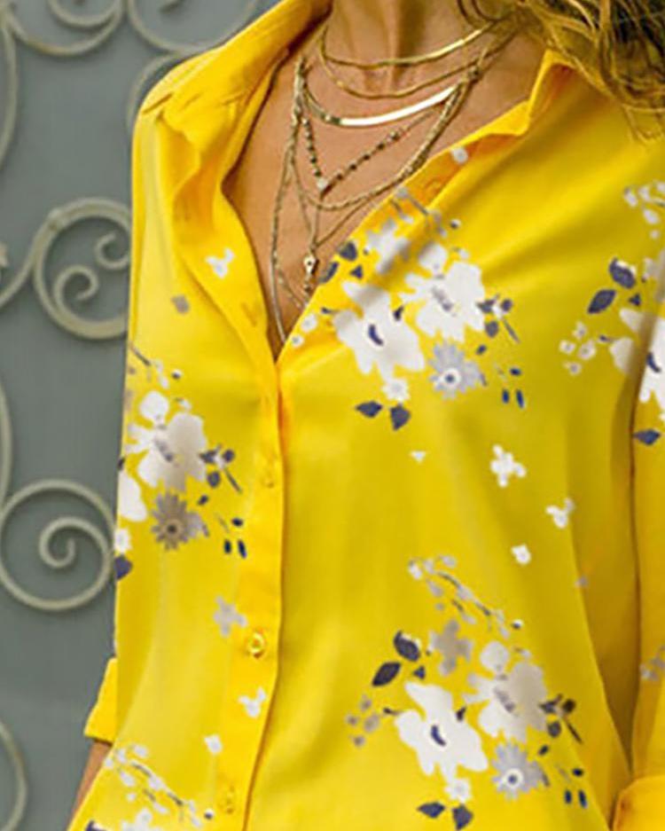 Floral Print Long Sleeve Casual Shirt-Pinkami