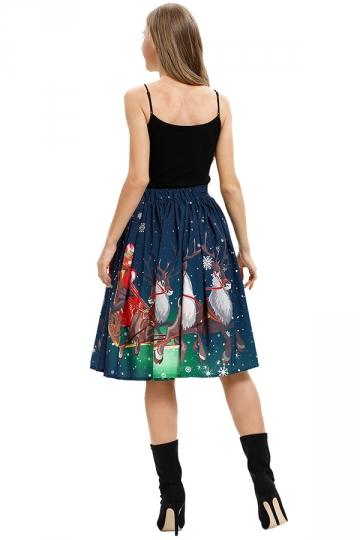 High Waisted Reindeer Print Midi Christmas Pleated Skirt Navy Blue-Pinkami