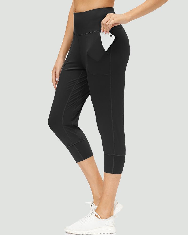 Slant Pocket Wide Waistband Elastic Hem Sports Leggings For Women-Pinkami