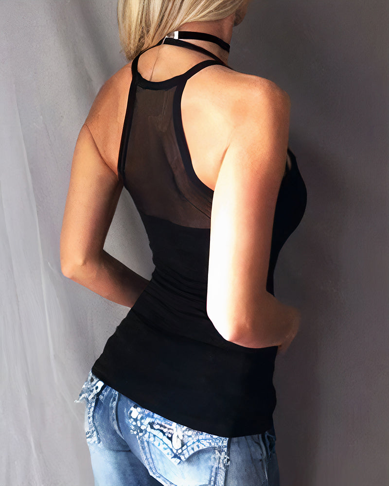 Contrast Mesh Round Neck Tank Top-Pinkami