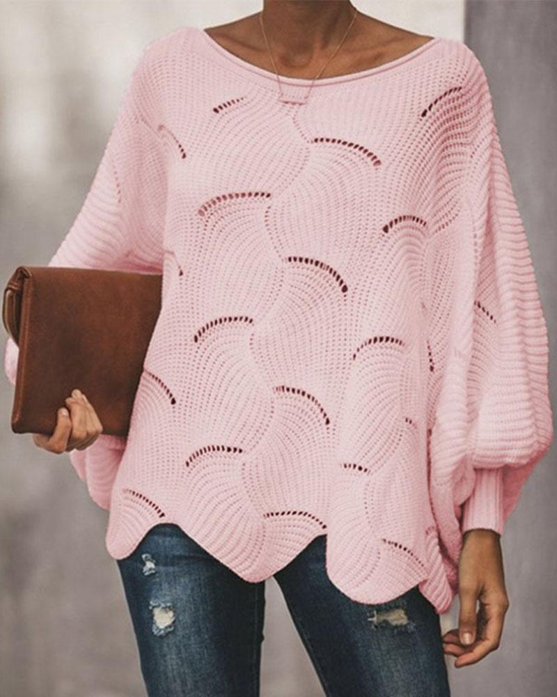 Open Knit Lantern Sleeve Scallop Hem Oversized Sweater-Pinkami