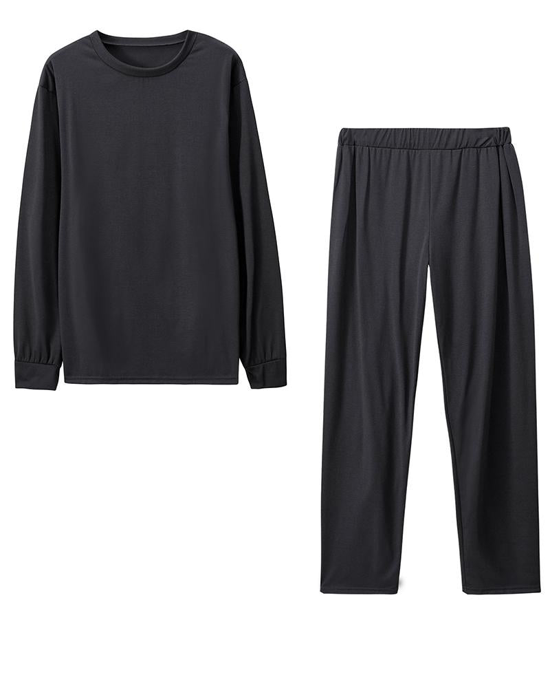 Solid Round Neck Tee & Pants Set-Pinkami
