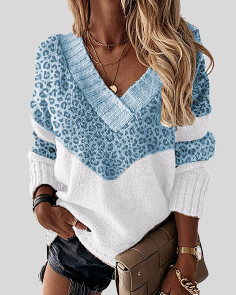 Colorblock Leopard Print Overlap Collar Sweater-Pinkami