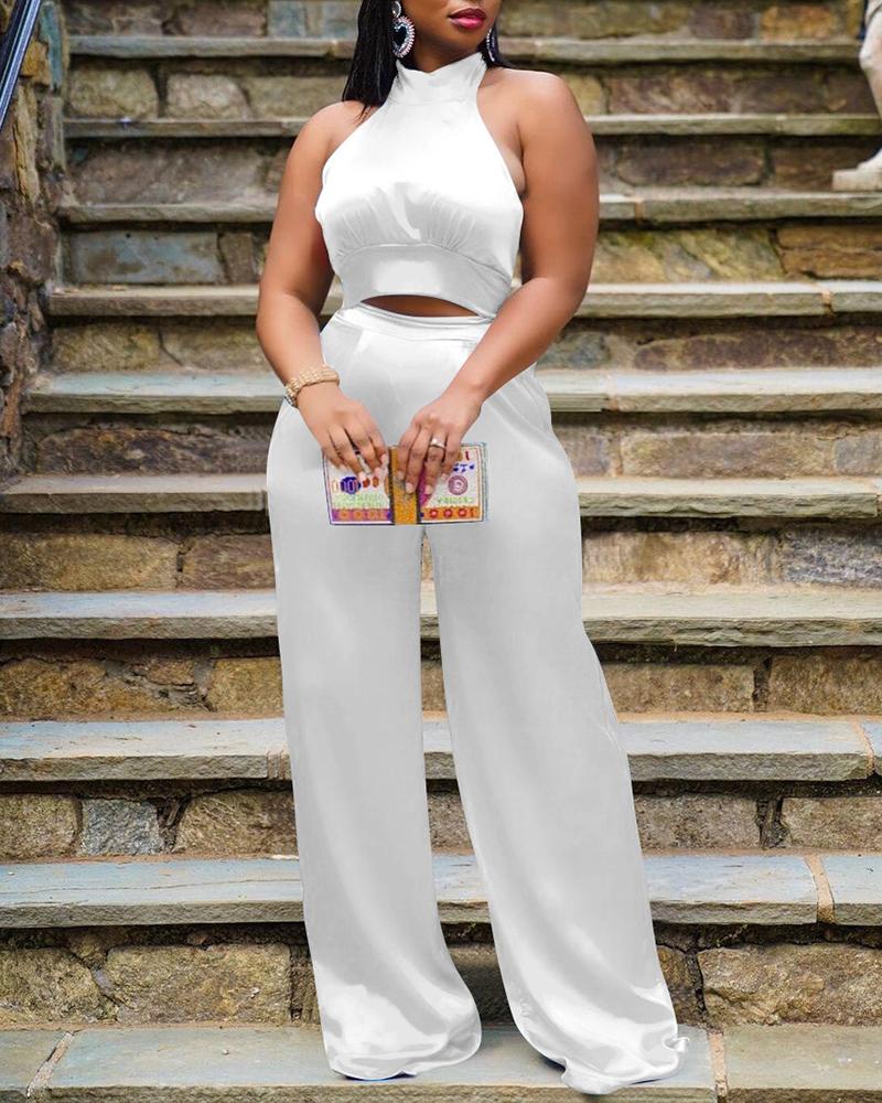 Solid Halter Crop Top & Wide Leg Pants Set-Pinkami