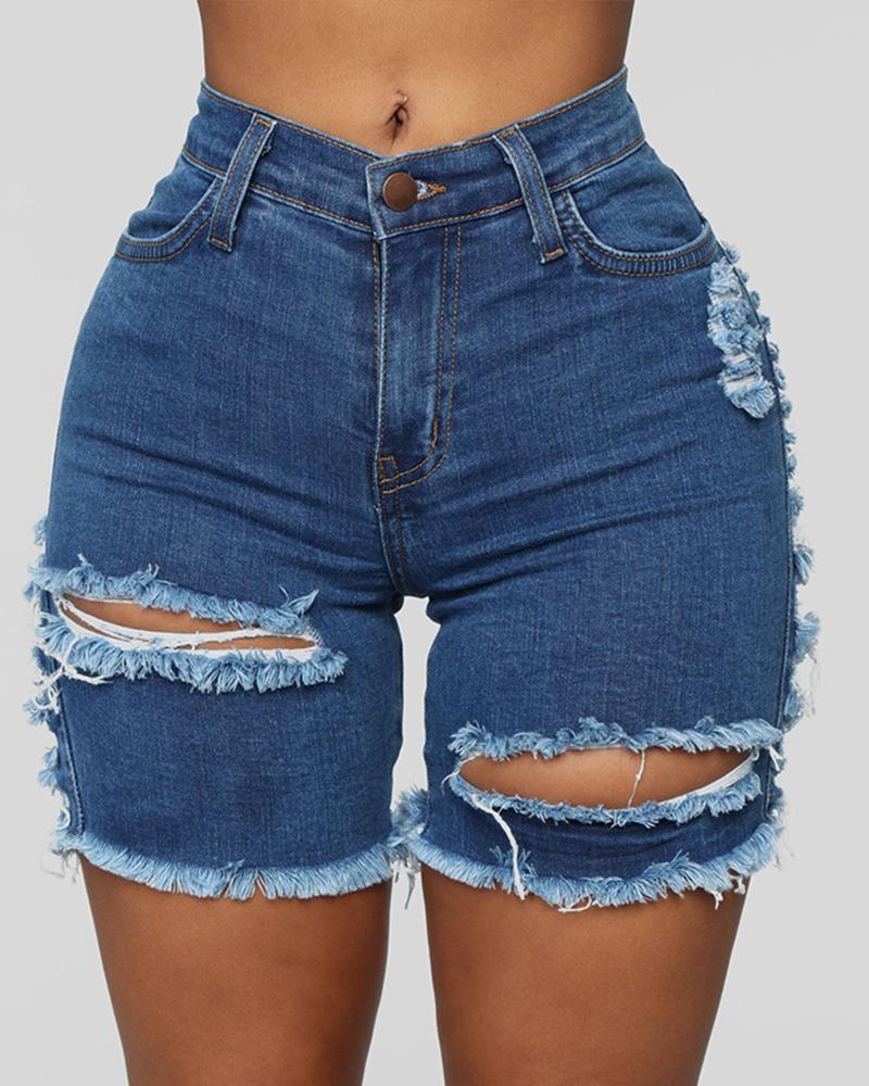 Women Ripped Cut Out Pocket Detail Raw Hem Denim Shorts-Pinkami