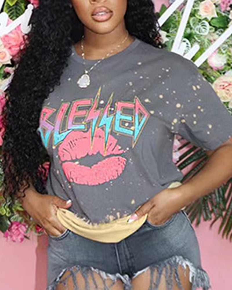 Letter & Graphic Print Round Neck T-Shirt-Pinkami