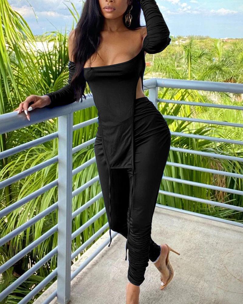 Ruched Asymmetrical Hem Off Shoulder Top & Pants Set-Pinkami