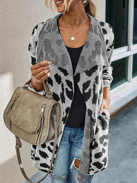 Leopard Long Sleeve Lapel Sweaters Coat-Pinkami
