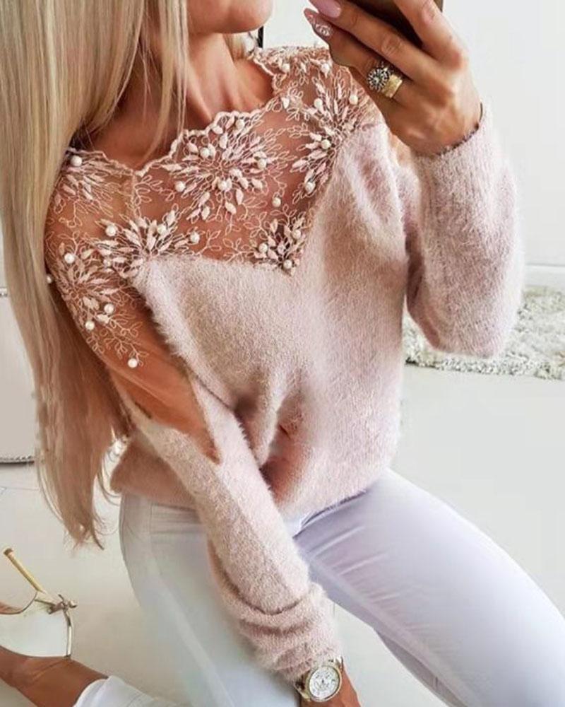 Floral Lace Beaded Decor Frill Trim Sweater-Pinkami