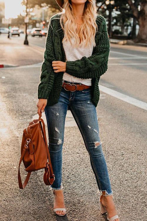 Loose Long-sleeved Twist Knit Sweater Big Twisted Rope Cardigan-Pinkami