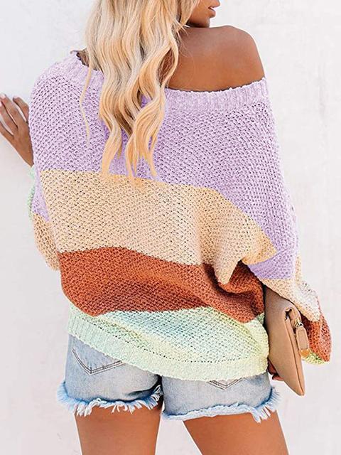 Color Block Off-shoulder Lightweight Sweater-Pinkami