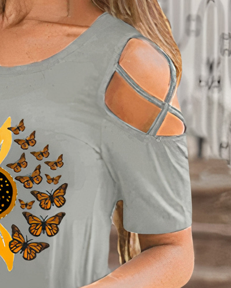 Sunflower Print Cut Out T-Shirt-Pinkami