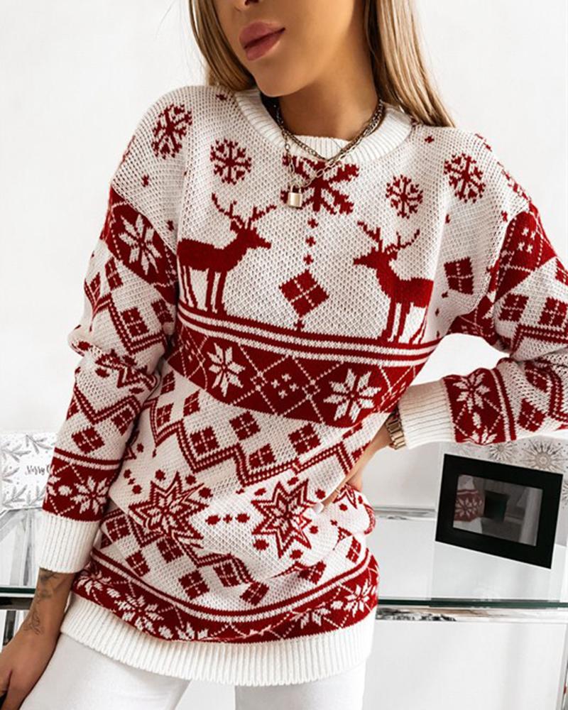 Christmas Print Contrast Binding Rib-Knit Round Neck Sweater-Pinkami