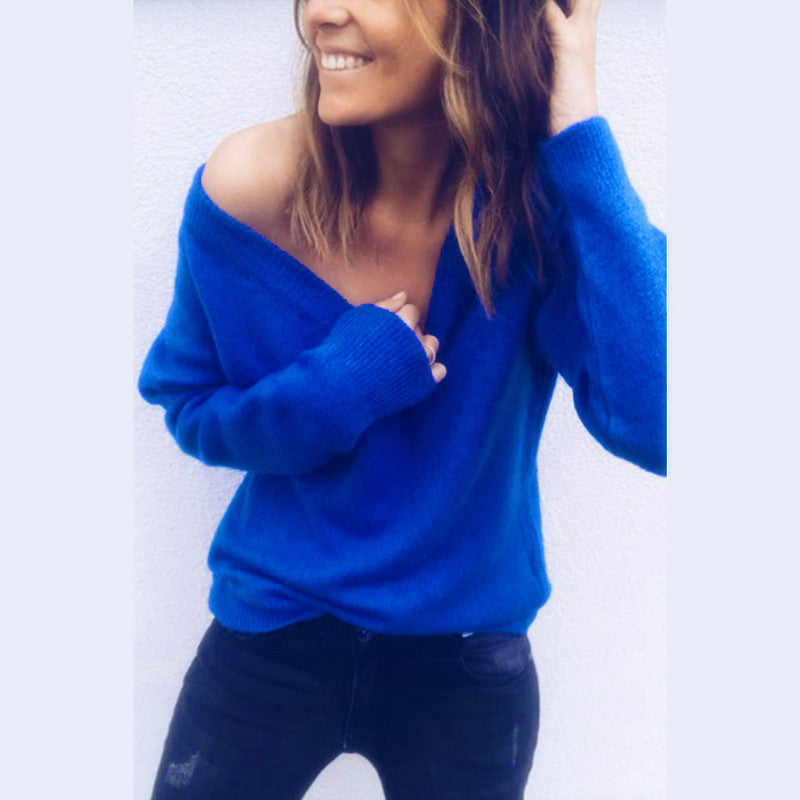 Solid Batwing Sleeve V Neck Sweater-Pinkami