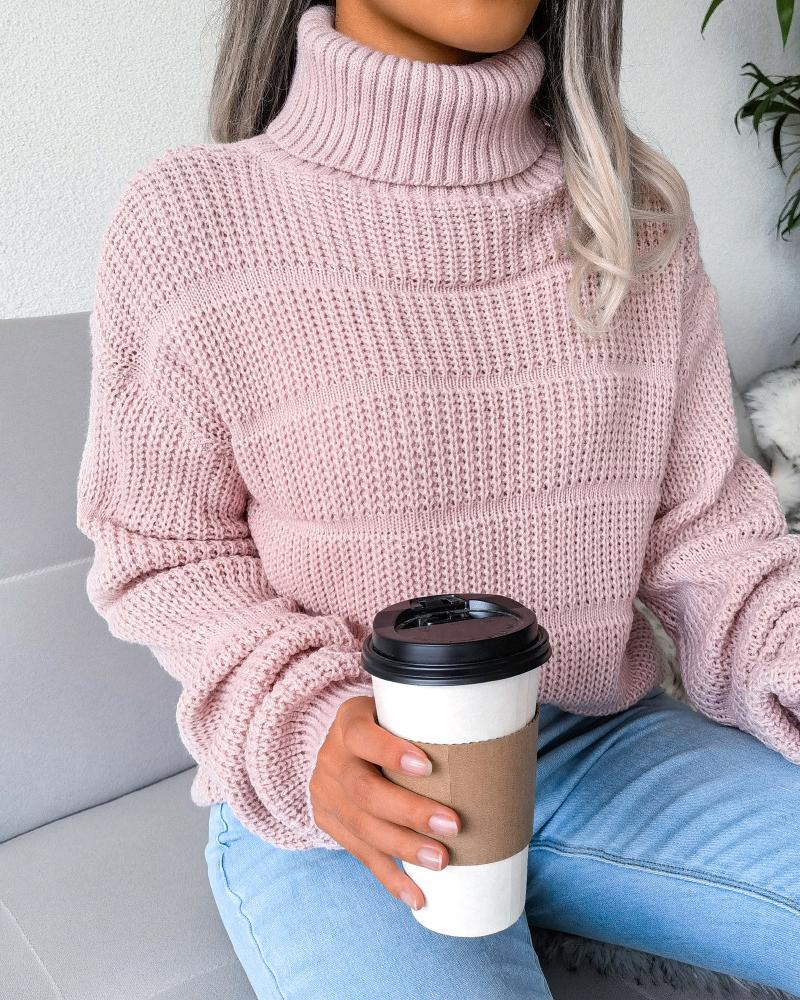 Solid Ribbed High Neck Long Sleeve Sweater-Pinkami