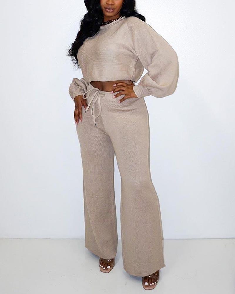 Ribbed Drawstring Waist Top & Wide Leg Pants Set-Pinkami