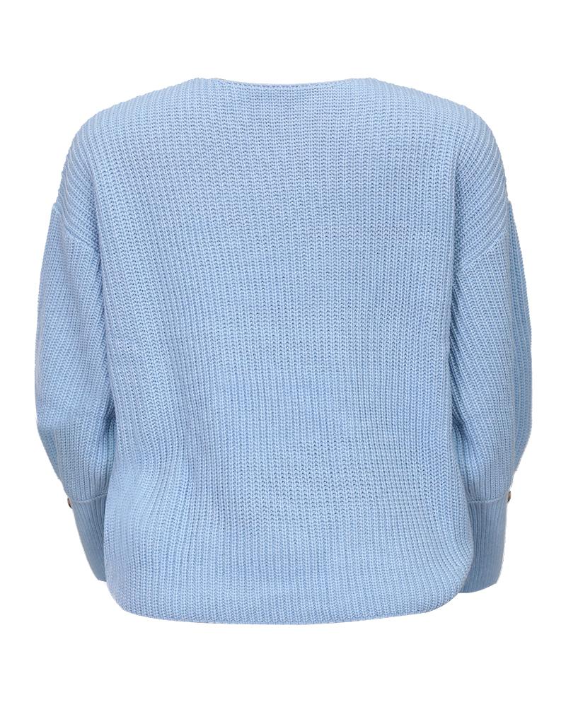 Solid Rib-Knit Button Detail V Neck Top-Pinkami