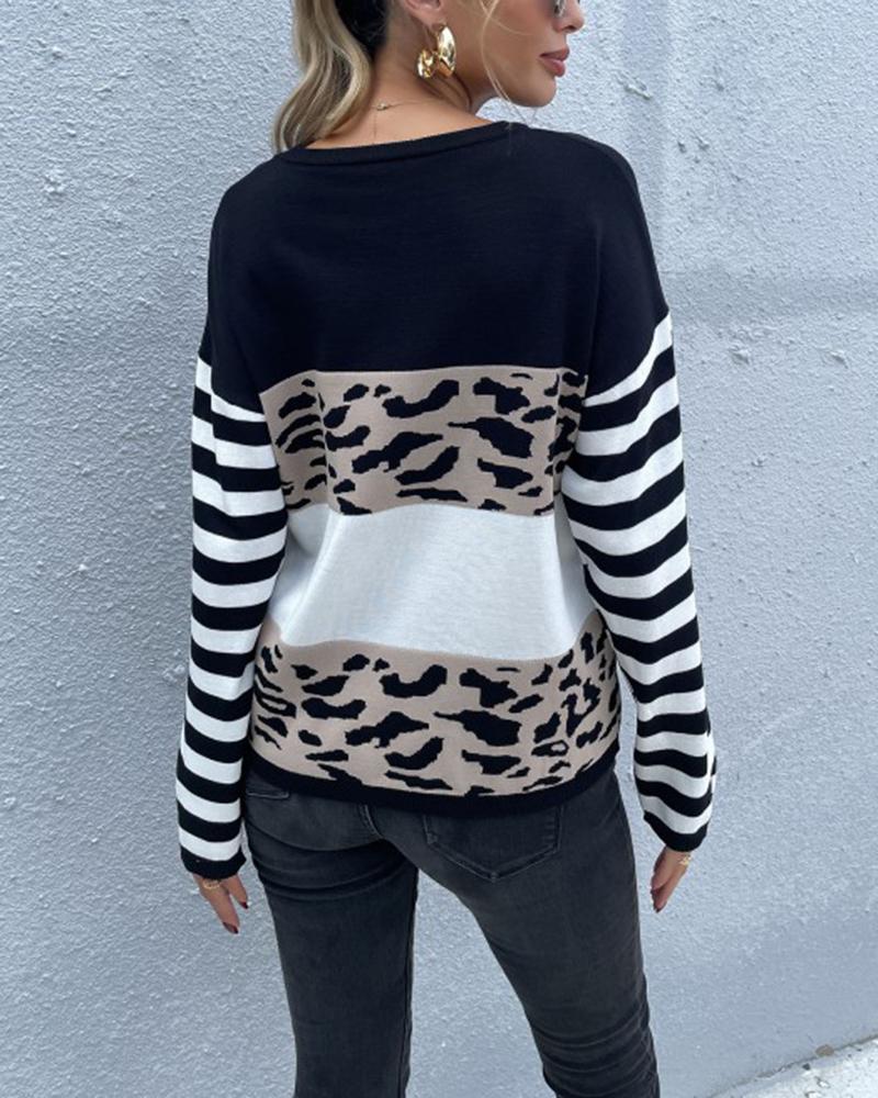Striped & Leopard Print Round Neck Sweater-Pinkami