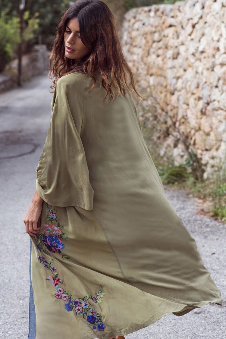 Floral Embroidery Sleeved Maxi Cover Up-Pinkami