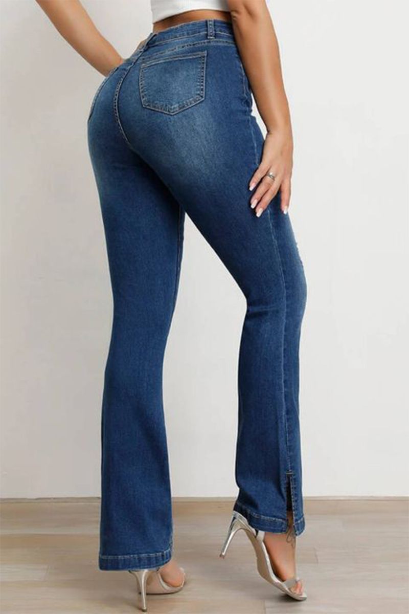 Split Hem Ripped Pocket Detail High Waist Flare Jeans-Pinkami