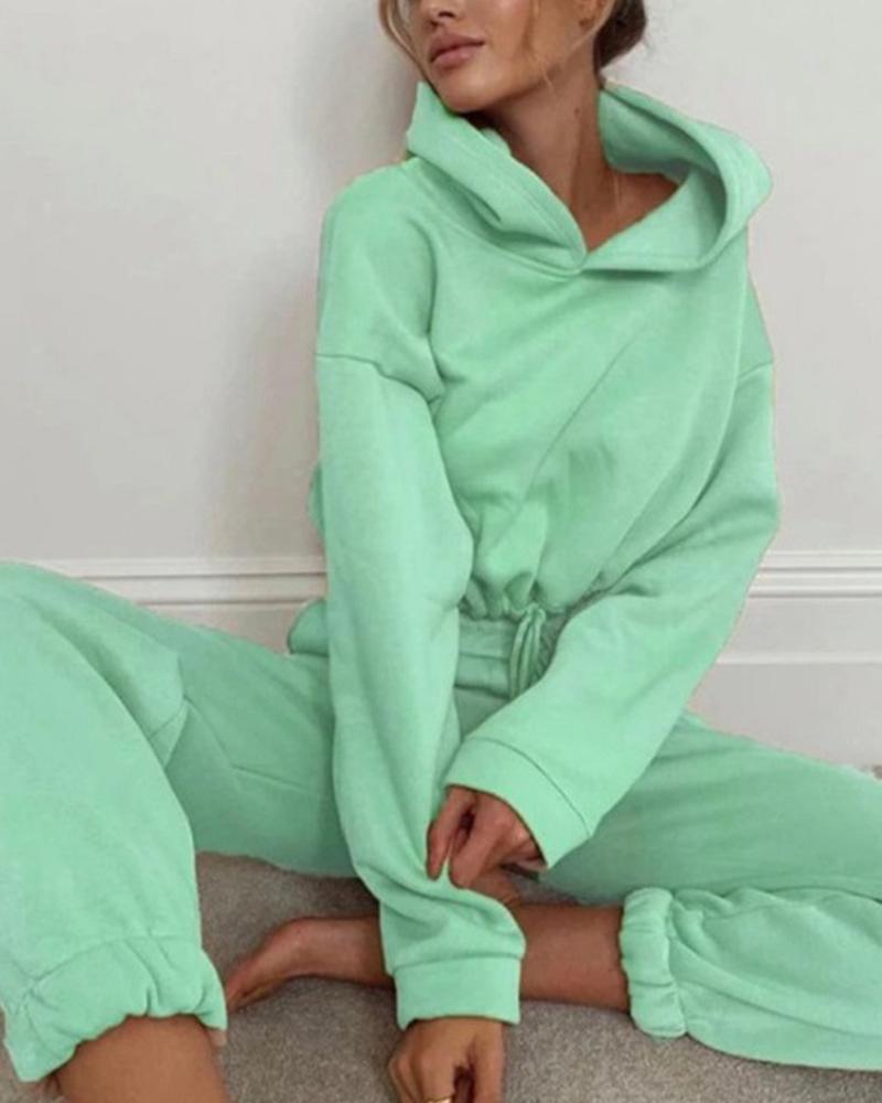 Solid Drawstring Elastic Hem Hooded Top & Pants Set-Pinkami